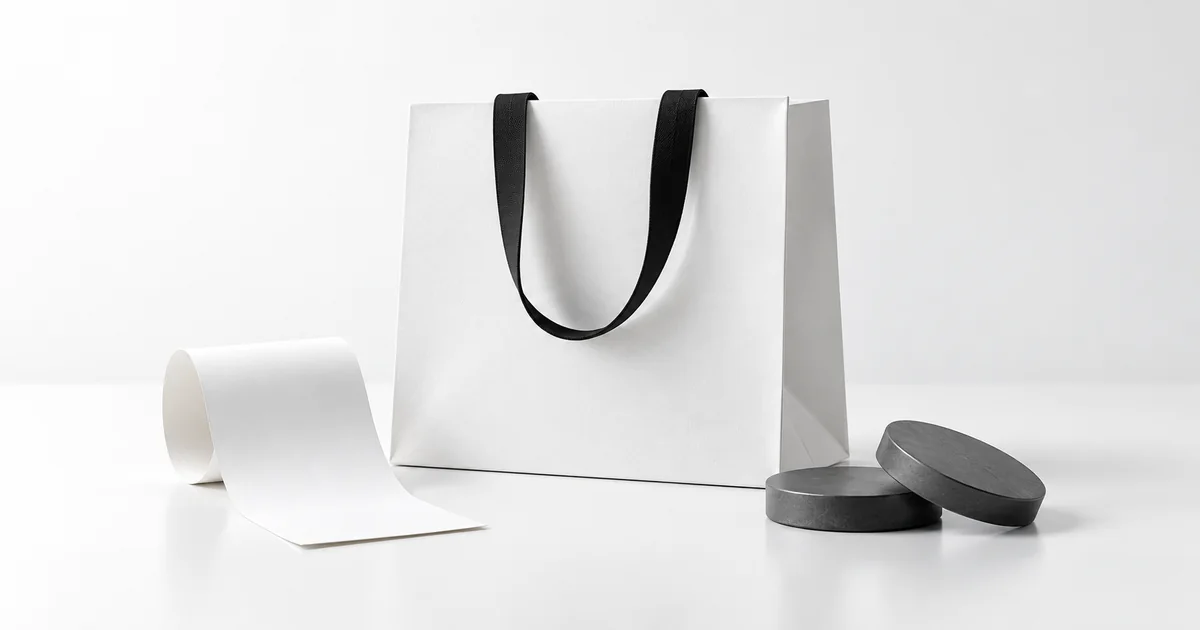 白い買い物袋とレシート、黒いコインを配した買い物のイメージ