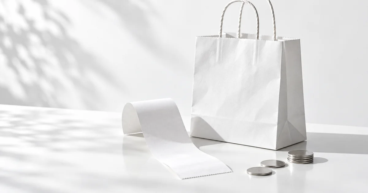 白い買い物袋とレシート、シルバーのディスク